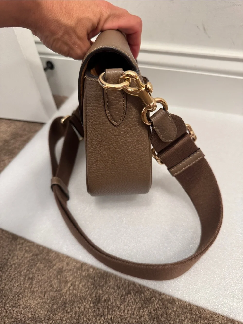 Coach Amelia saddle crossbody bag dark stone taupe color